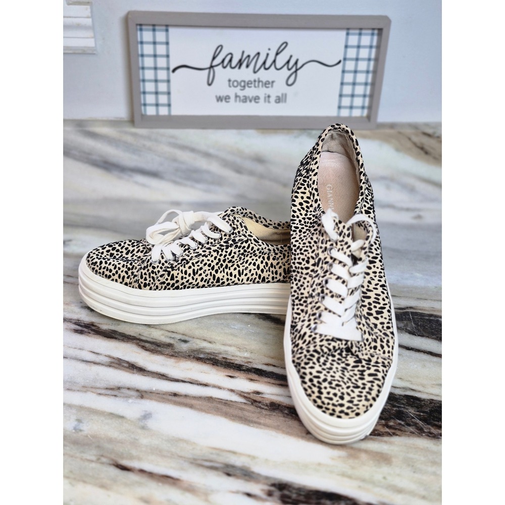 Gianni‎ Bini Womens Cheetah Print Leather Platform Sneakers Tan Black Size 9M